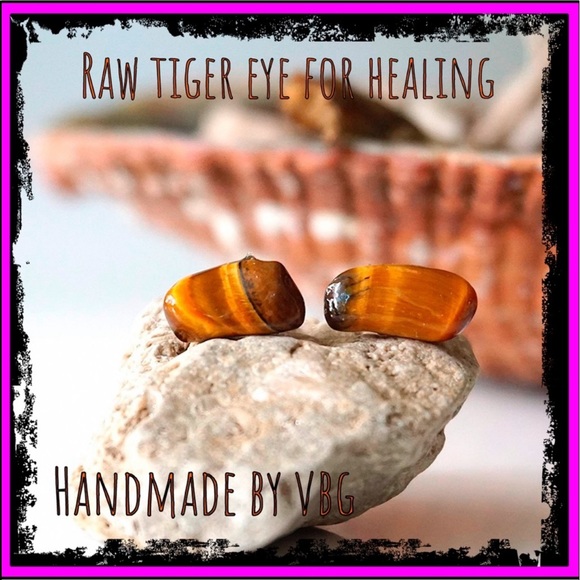 New Handmade Raw Natural Tumbled Tiger Eye 925 Sterling Silver Stud Earrings - Picture 10 of 11